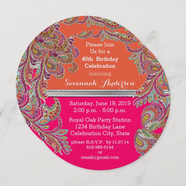 Moroccan Tangerine & Hot Pink 40th Birthday Party Invitation (Front/Back)