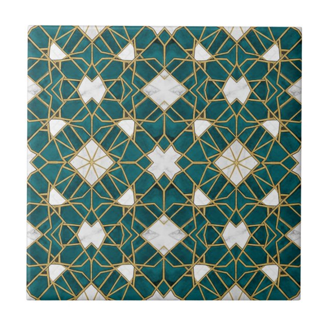 Moroccan Teal and Gold Islamic Geometric Seamless  Ceramic Tile (Front)