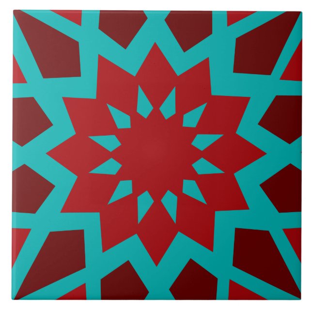 Moroccan Teal and Red Pattern Ceramic Tile (Front)