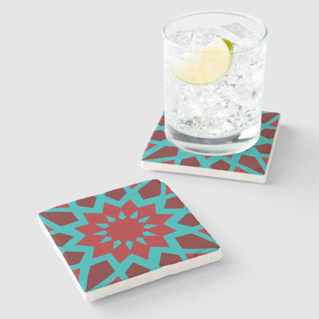 Moroccan Teal And Red Pattern Stone Coaster (Side)