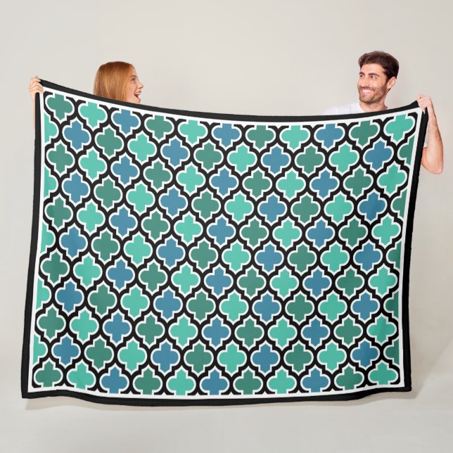 Moroccan Teal Turquoise Blue Quatrefoil Pattern Fleece Blanket (In Situ)