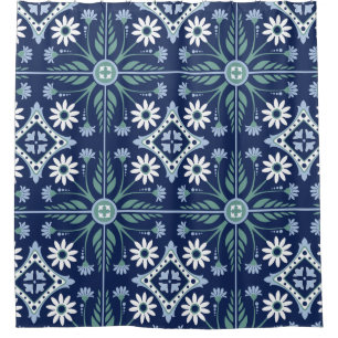 Moroccan tile arabesque vivid blue green white shower curtain