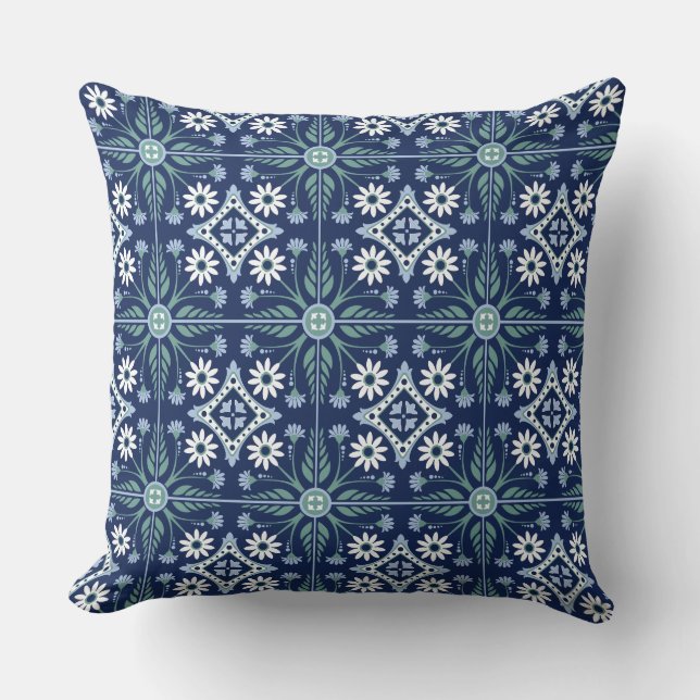 Moroccan tile arabesque vivid blue white green cushion (Front)