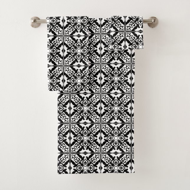 Moroccan Tile, Black and White Bath Towel Set (Insitu)