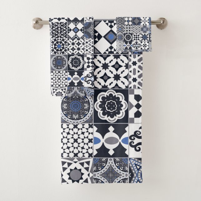 Moroccan tile black,blue,grey bath towel set (Insitu)