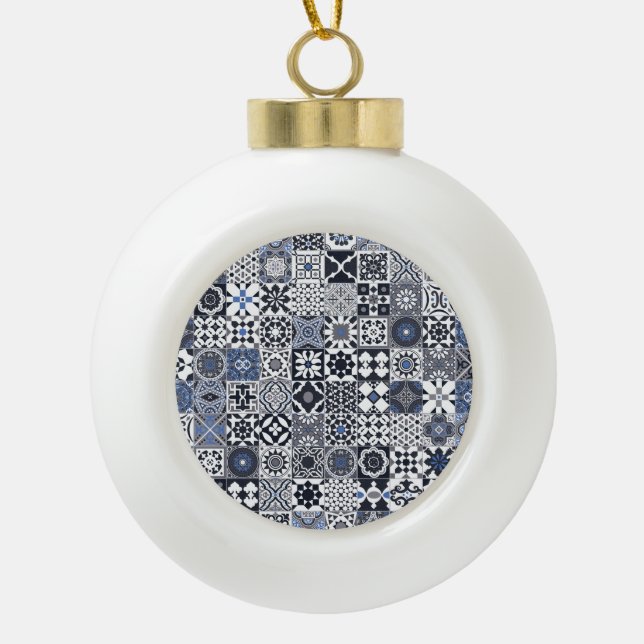 Moroccan tile black,blue,grey ceramic ball christmas ornament (Front)