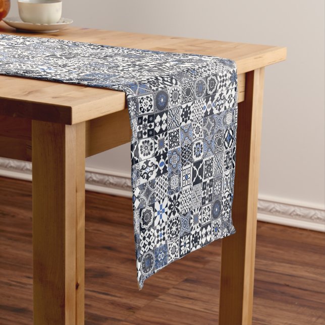 Moroccan tile black,blue,grey short table runner (In Situ)