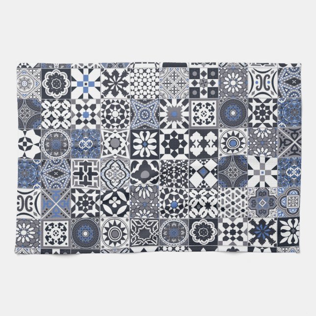 Moroccan tile black,blue,grey tea towel (Horizontal)