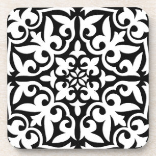 Moroccan tile - black with white background coaster