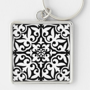 Moroccan tile - black with white background key ring
