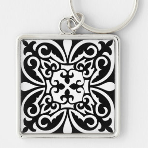 Moroccan tile - black with white background key ring