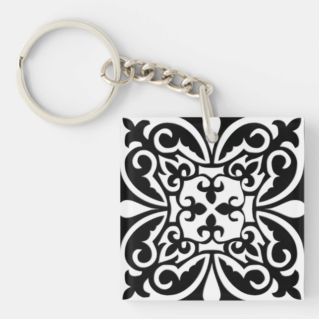 Moroccan tile - black with white background key ring (Front)