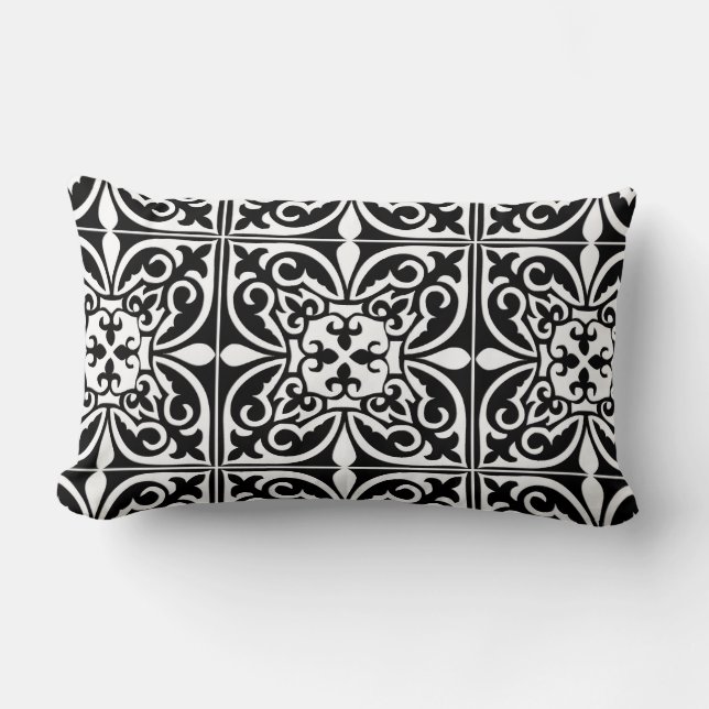 Moroccan tile - black with white background lumbar cushion (Front)