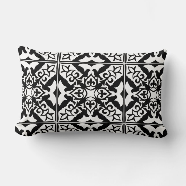 Moroccan tile - black with white background lumbar cushion (Front)
