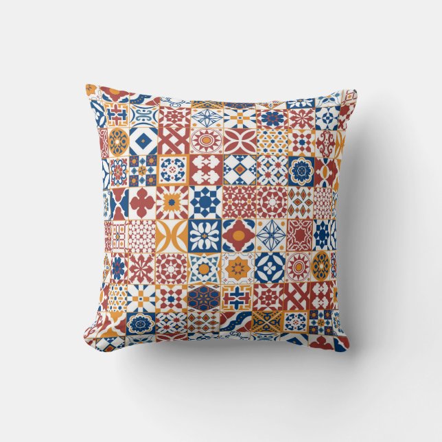 Moroccan tile - blue and bordo cushion (Front)