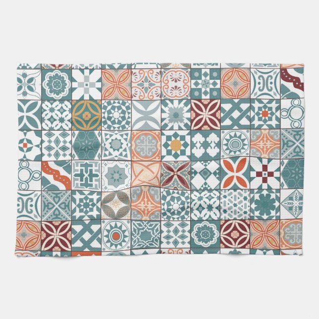 Moroccan tile - blue and brown tea towel (Horizontal)