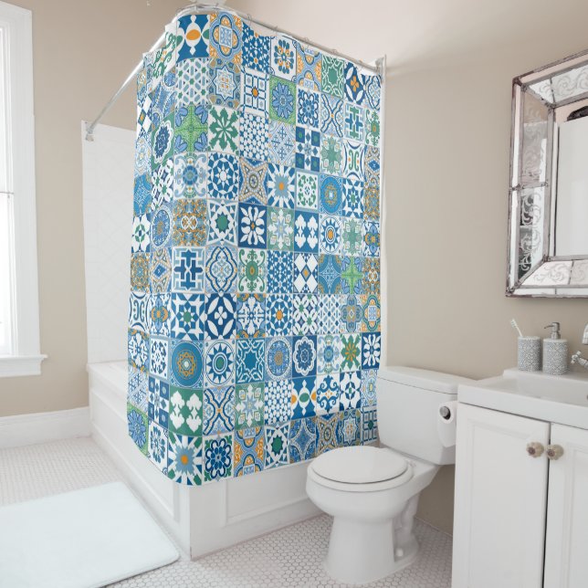 Moroccan tile - blue and green shower curtain (In Situ)