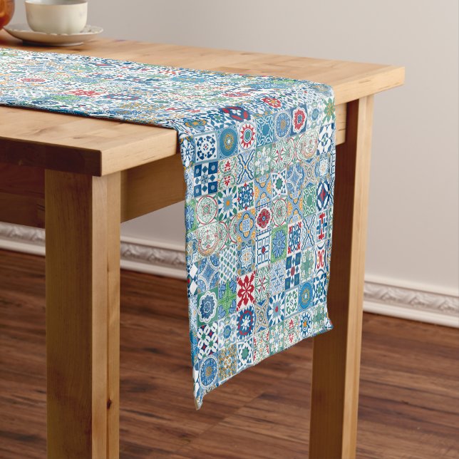 Moroccan tile - blue and red short table runner (In Situ)