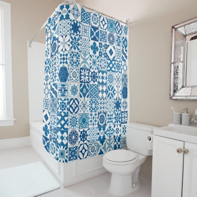 Moroccan tile - blue and white shower curtain (In Situ)