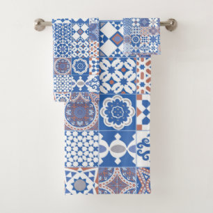 Moroccan tile blue,brown bath towel set