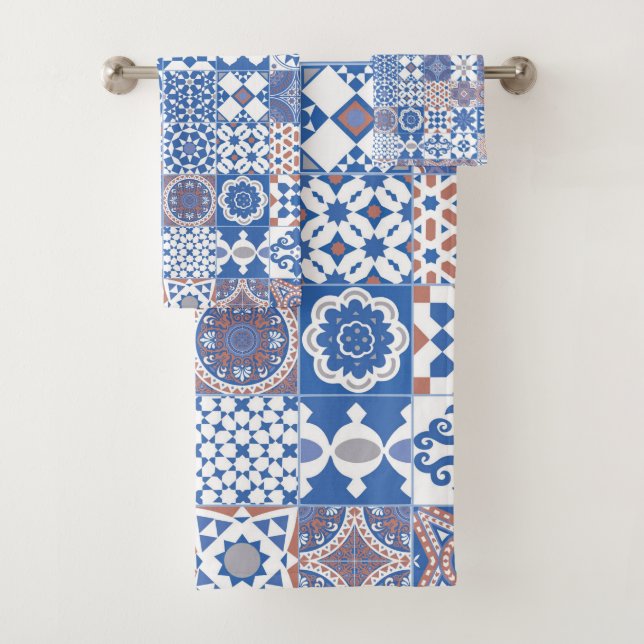 Moroccan tile blue,brown bath towel set (Insitu)
