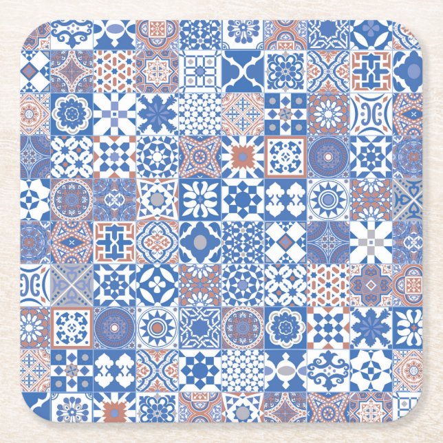 Moroccan tile blue,brown square paper coaster (Front)