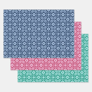 Moroccan Tile, Blue, Fuchsia Pink, Turquoise  Wrapping Paper Sheet