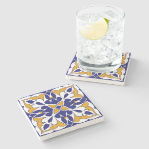 Moroccan Tile Blue Yellow Vintage Bohemian Pattern Stone Coaster