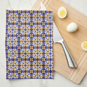 Moroccan Tile Blue Yellow Vintage Bohemian Pattern Tea Towel