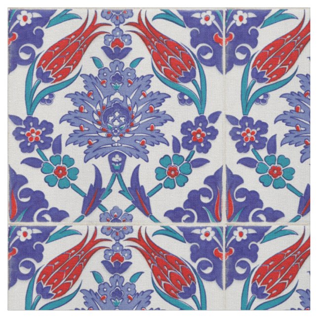 Moroccan Tile Boho Blue Pattern Cotton Fabric (Close Up)
