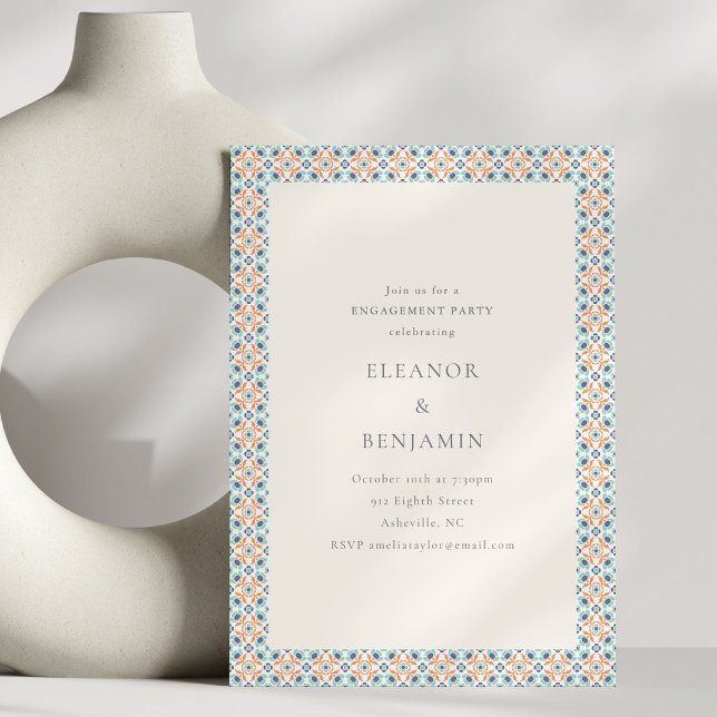 Moroccan Tile Border Teal Orange Engagement Party Invitation (Creator Uploaded)