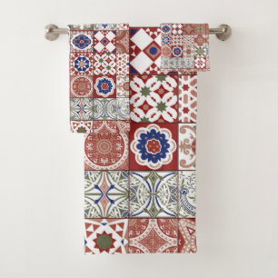 Moroccan tile - burgundy and blue bath towel set