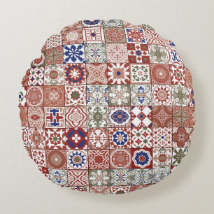 Moroccan tile - burgundy and blue round cushion