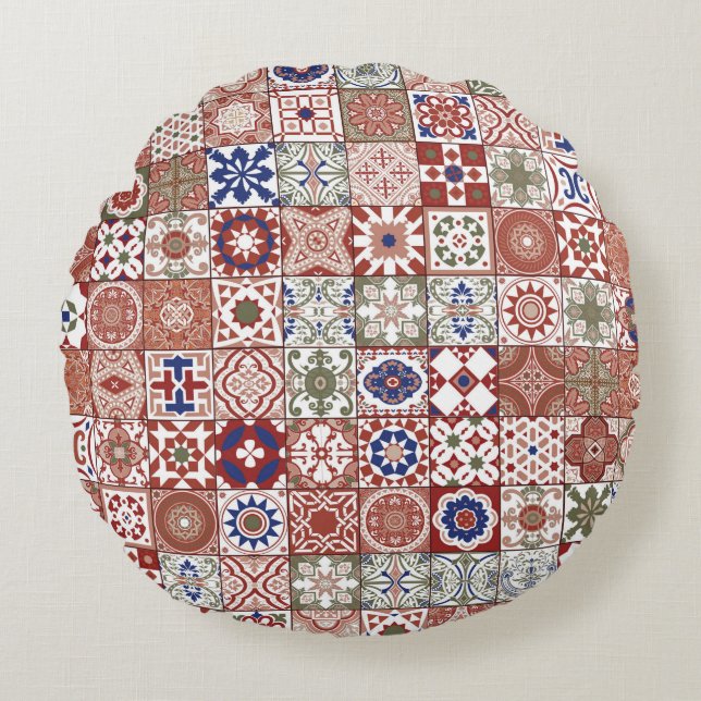 Moroccan tile - burgundy and blue round cushion (Front)