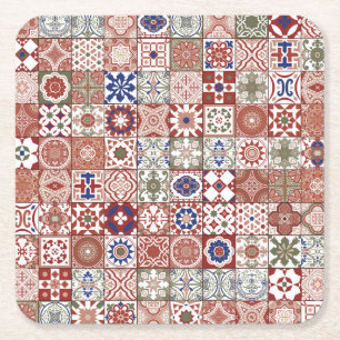 Moroccan tile - burgundy and blue square paper coaster
