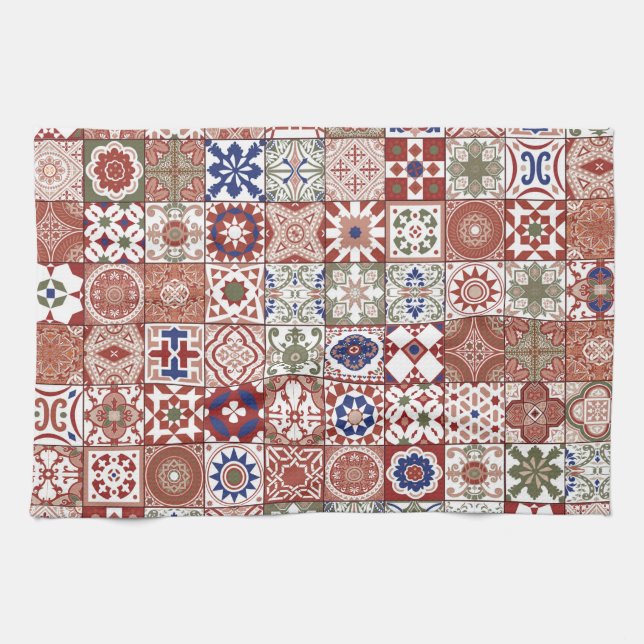 Moroccan tile - burgundy and blue tea towel (Horizontal)