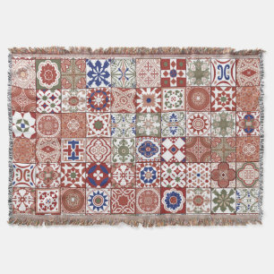 Moroccan tile - burgundy and blue throw blanket