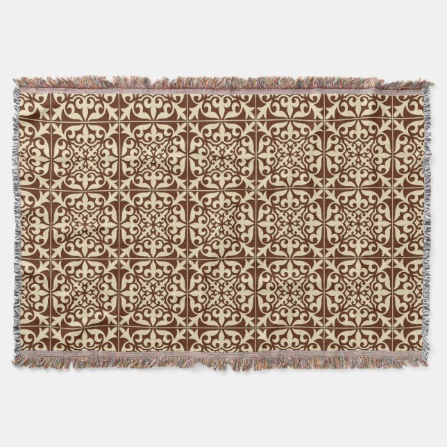 Moroccan tile - chocolate brown and beige throw blanket (Front)