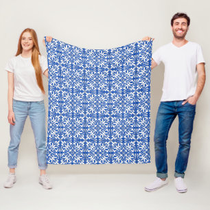 Moroccan tile - cobalt blue and white fleece blanket
