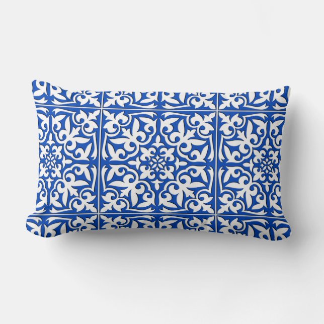 Moroccan tile - cobalt blue and white lumbar cushion (Front)