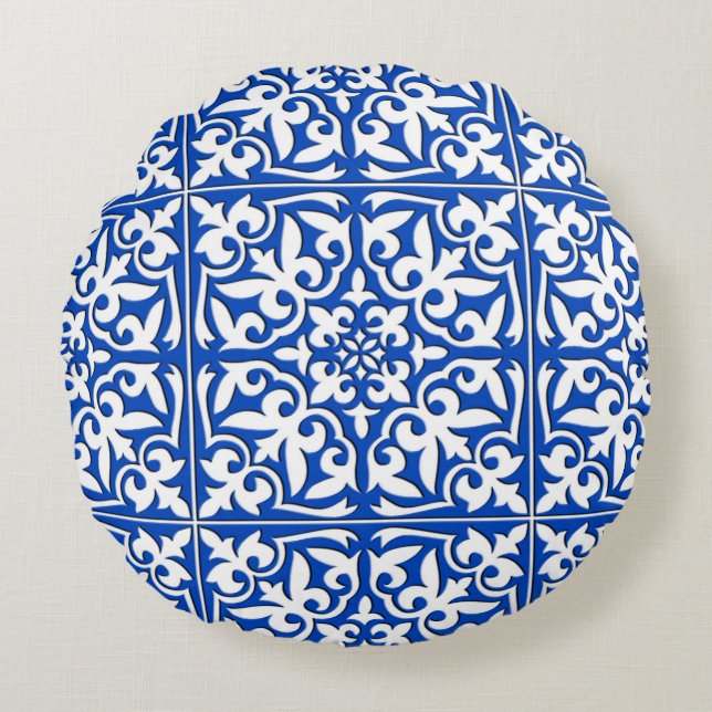 Moroccan tile - cobalt blue and white round cushion (Front)
