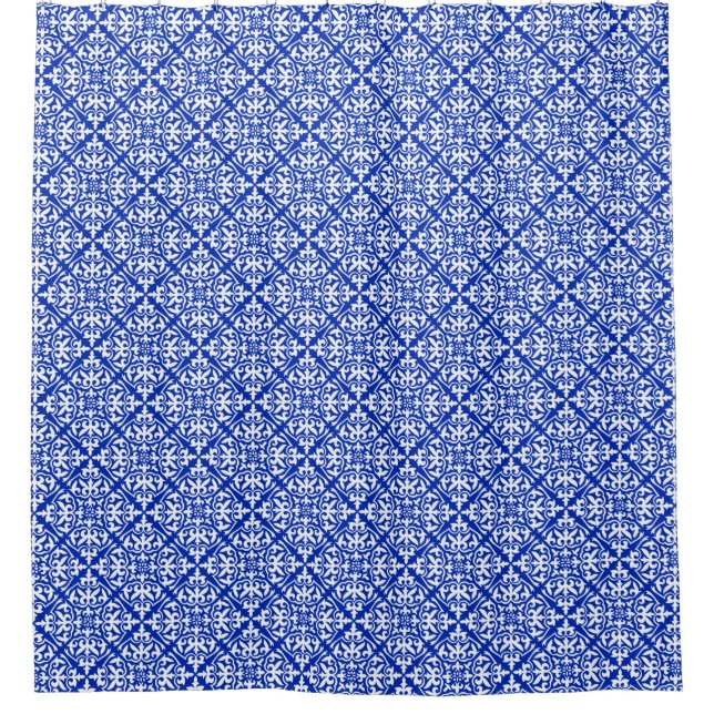 Moroccan tile - cobalt blue and white shower curtain (Front)