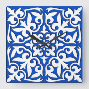 Moroccan tile - cobalt blue and white square wall clock