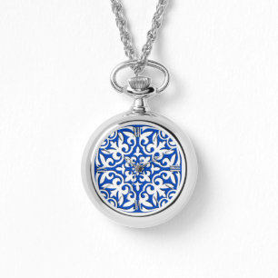 Moroccan tile - cobalt blue and white watch