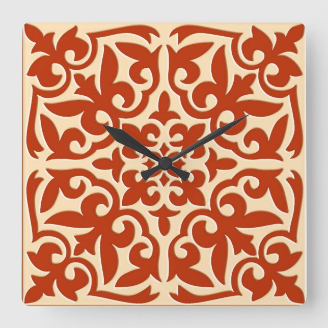 Moroccan tile - coral orange and peach square wall clock (Front)
