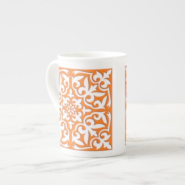 Moroccan tile - coral orange and white bone china mug (Front Left)