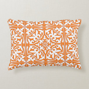 Moroccan tile - coral orange and white decorative cushion
