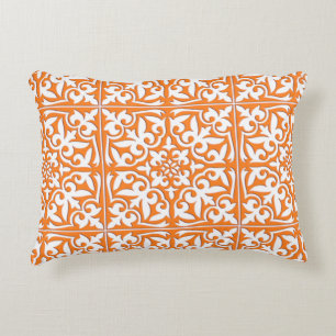 Moroccan tile - coral orange and white decorative cushion
