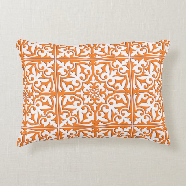 Moroccan tile - coral orange and white decorative cushion (Front)