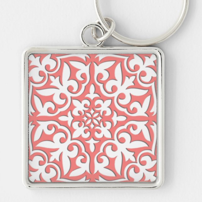 Moroccan tile - coral pink and white key ring (Front)